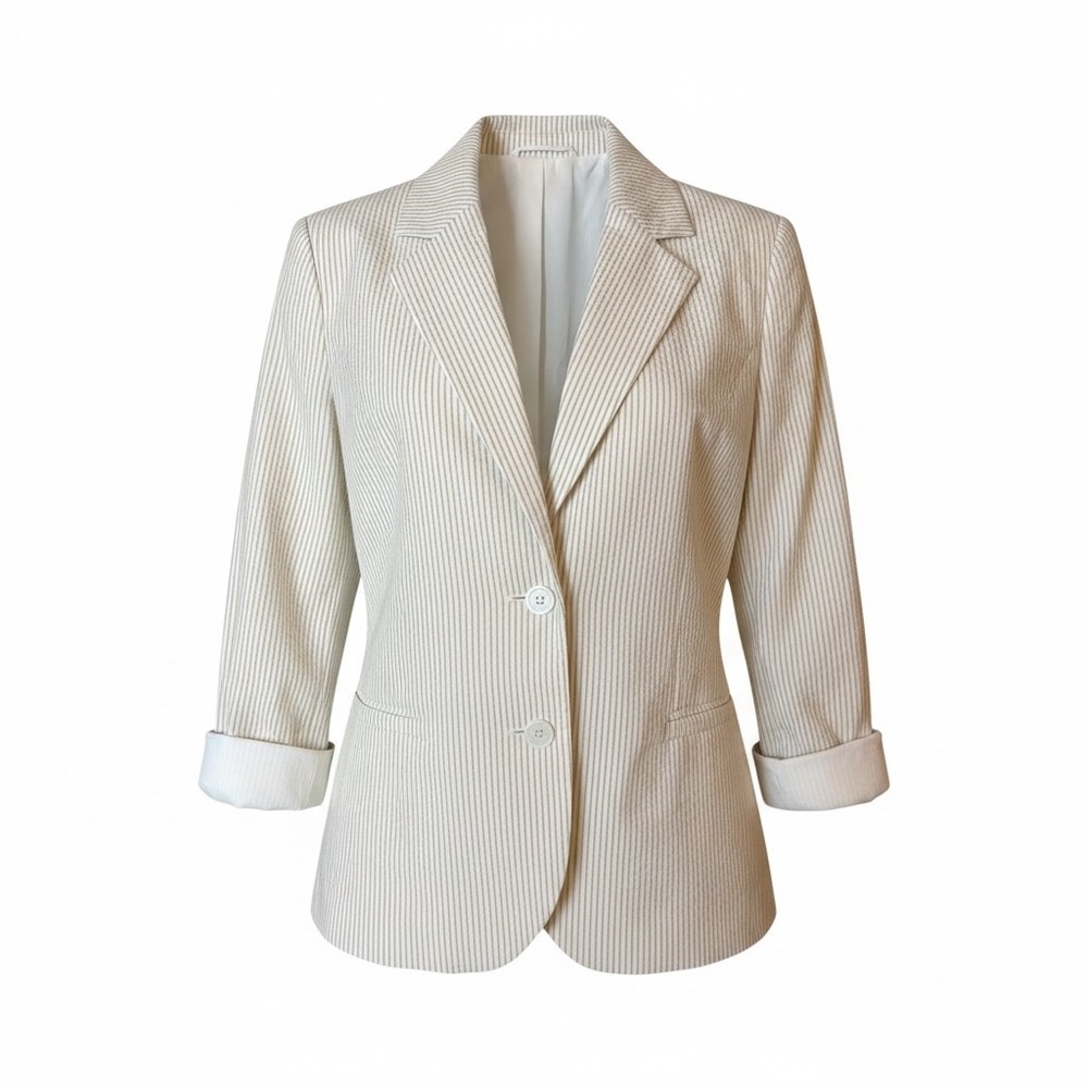 Gene Meyer Women's Blazer Size 8 Beige White Seersucker Striped Cotton Jacket